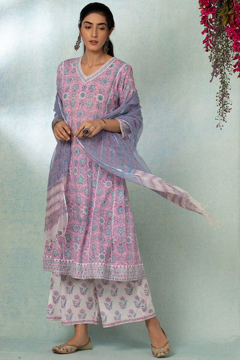 Purple Block Printed A-line Cotton Kurta