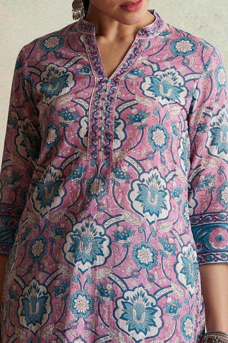 Purple Block Printed Short Kurta