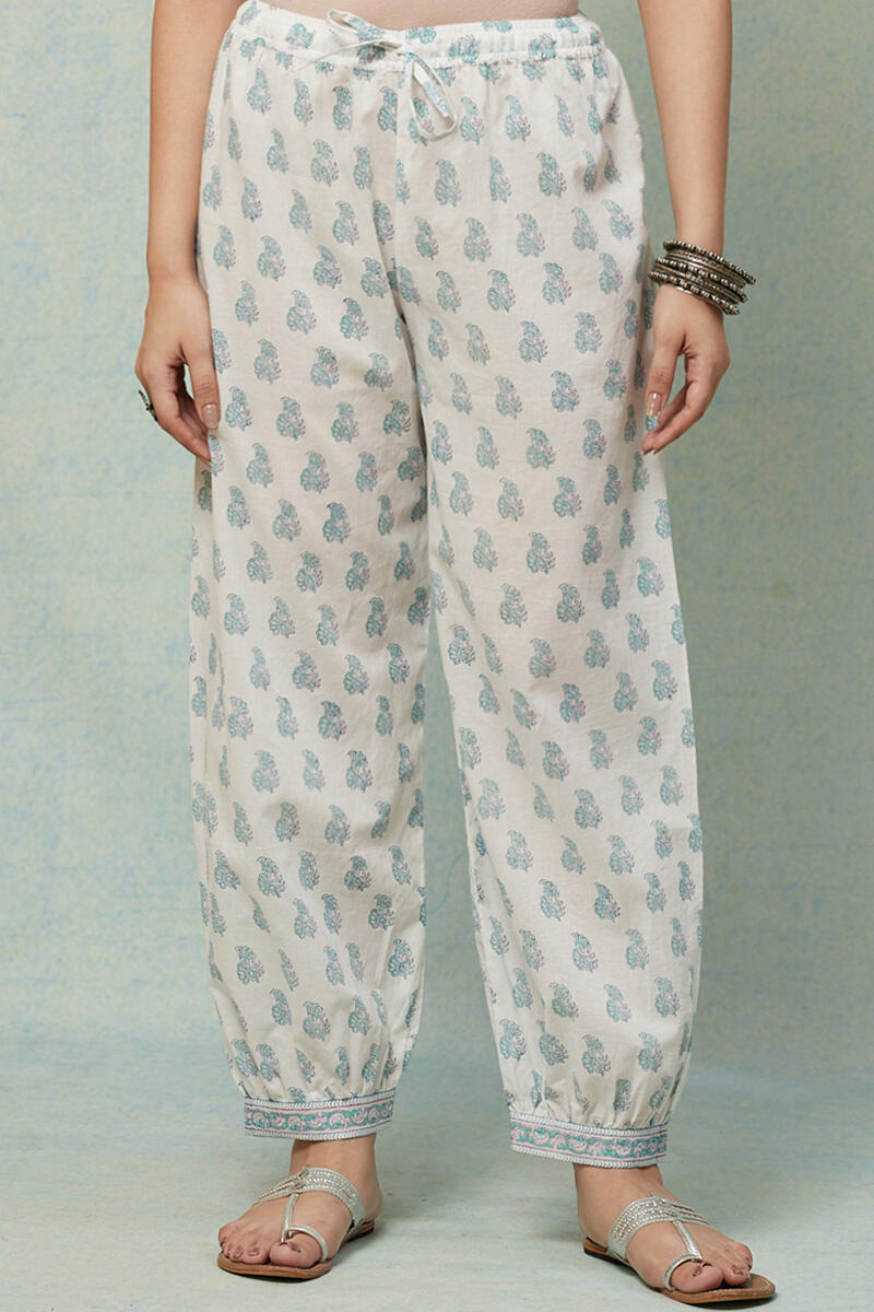 White Block Printed Cotton Izhaar Pants