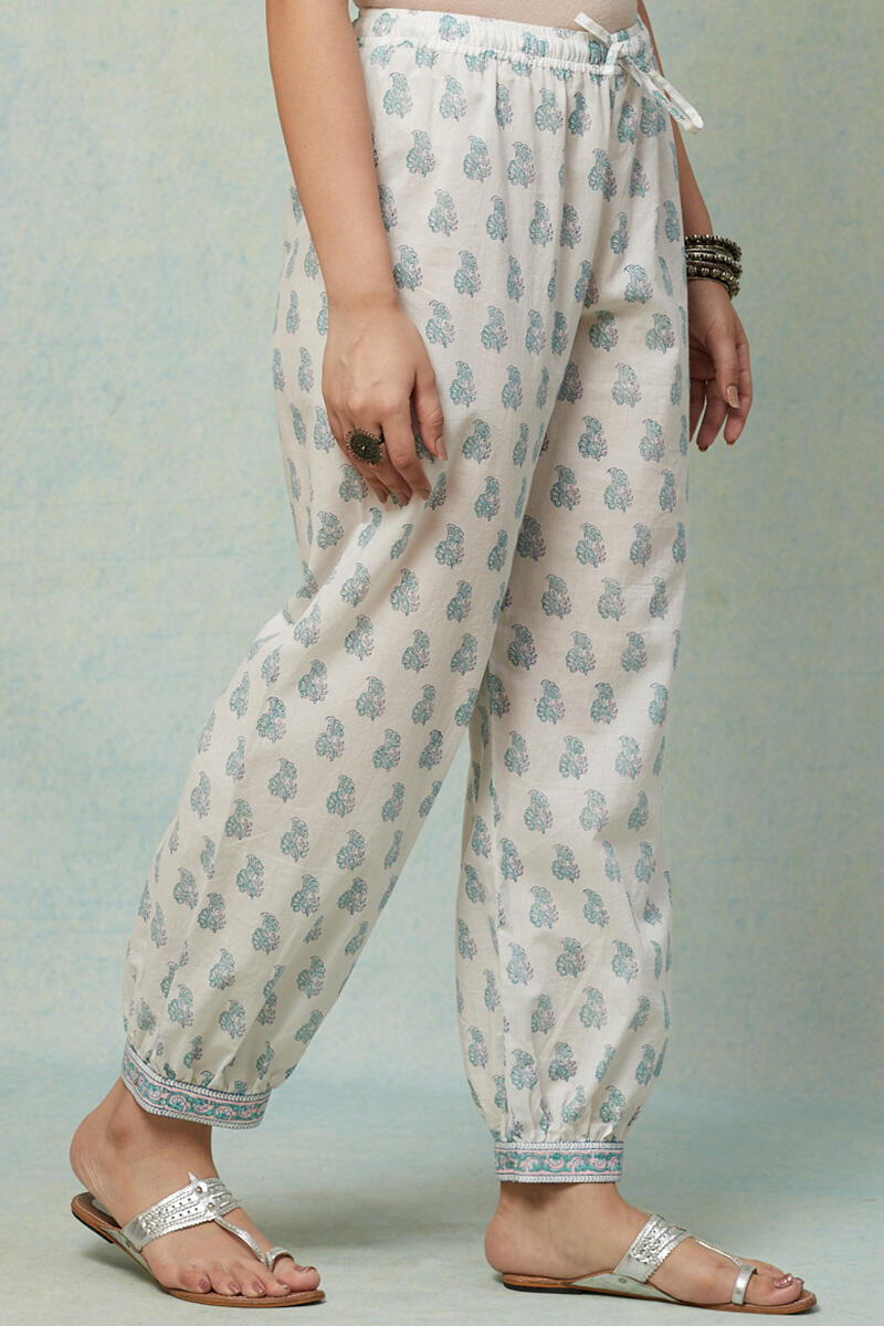 White Block Printed Cotton Izhaar Pants