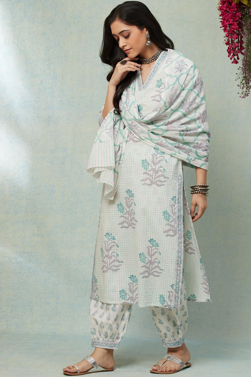 White Block Printed Cotton Izhaar Pants