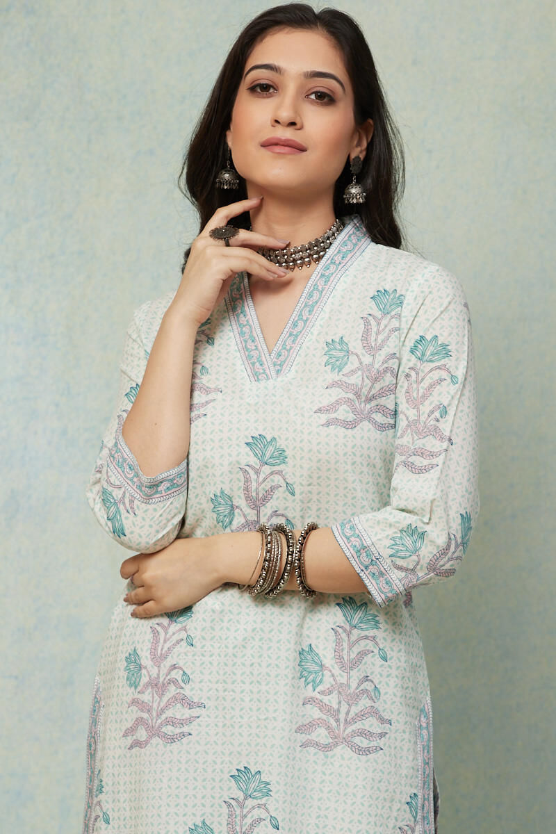 White Block Printed Straight Cotton Kurta