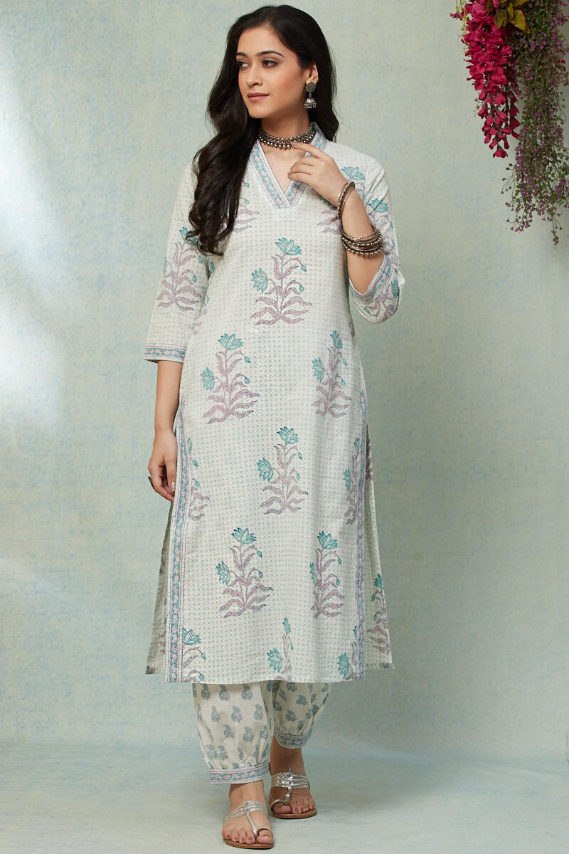 White Block Printed Straight Cotton Kurta