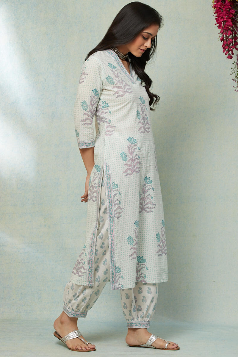 White Block Printed Straight Cotton Kurta