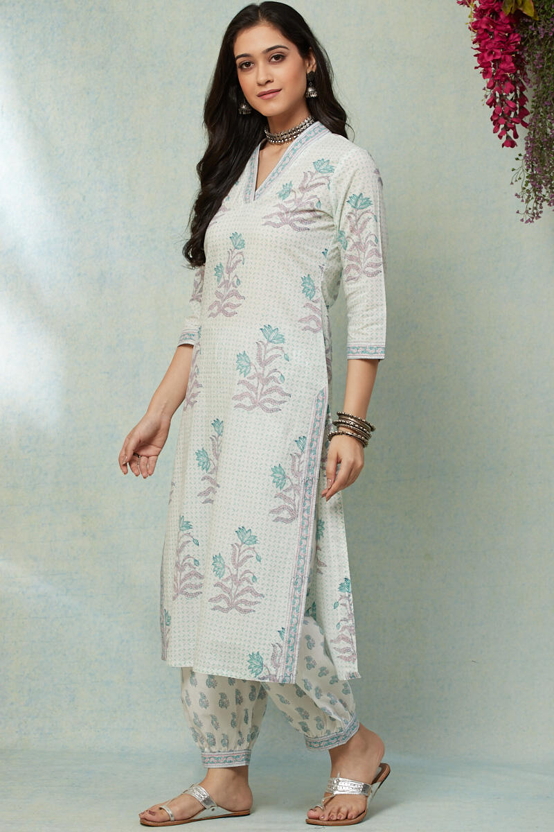 White Block Printed Straight Cotton Kurta