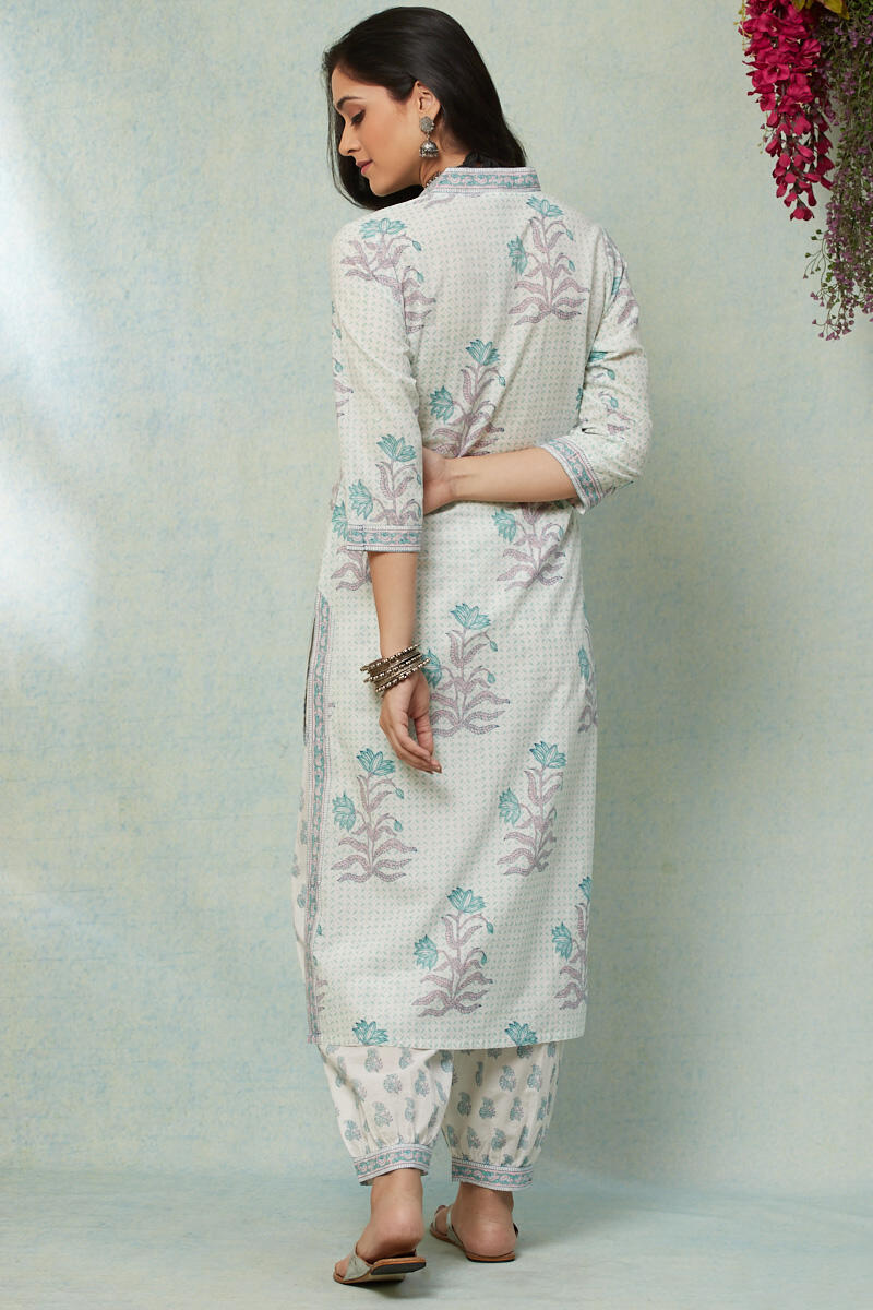 White Block Printed Straight Cotton Kurta