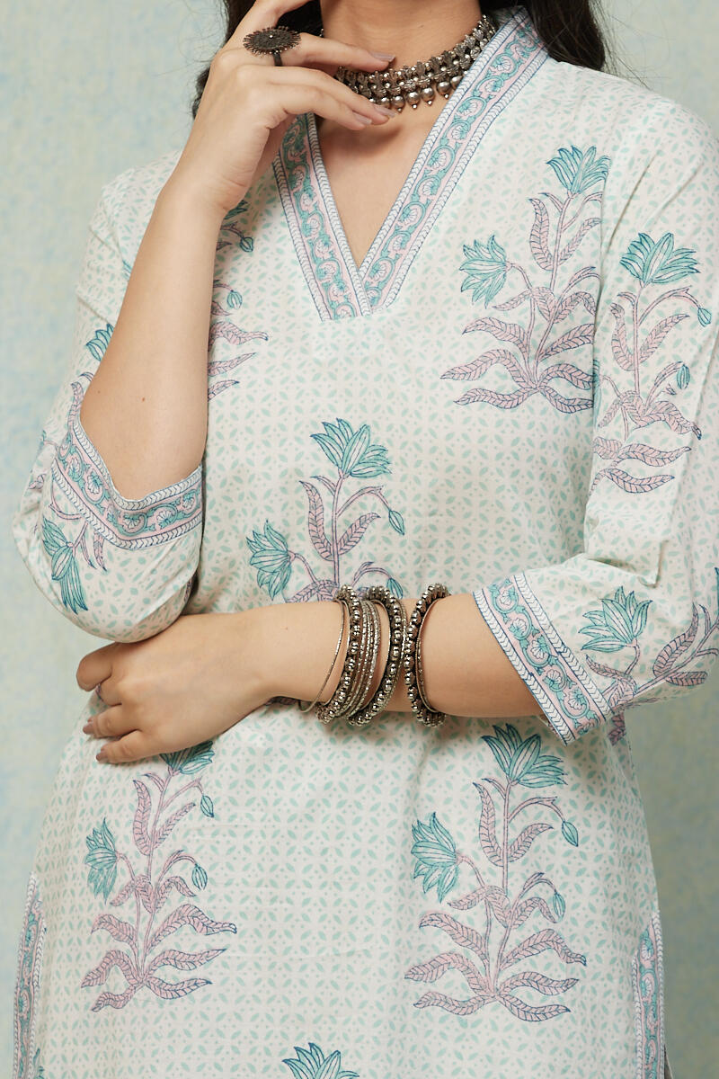 White Block Printed Straight Cotton Kurta