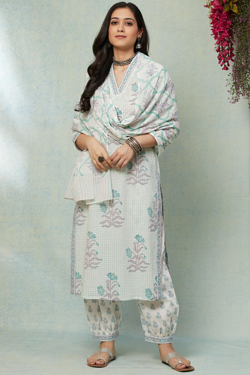 White Block Printed Straight Cotton Kurta
