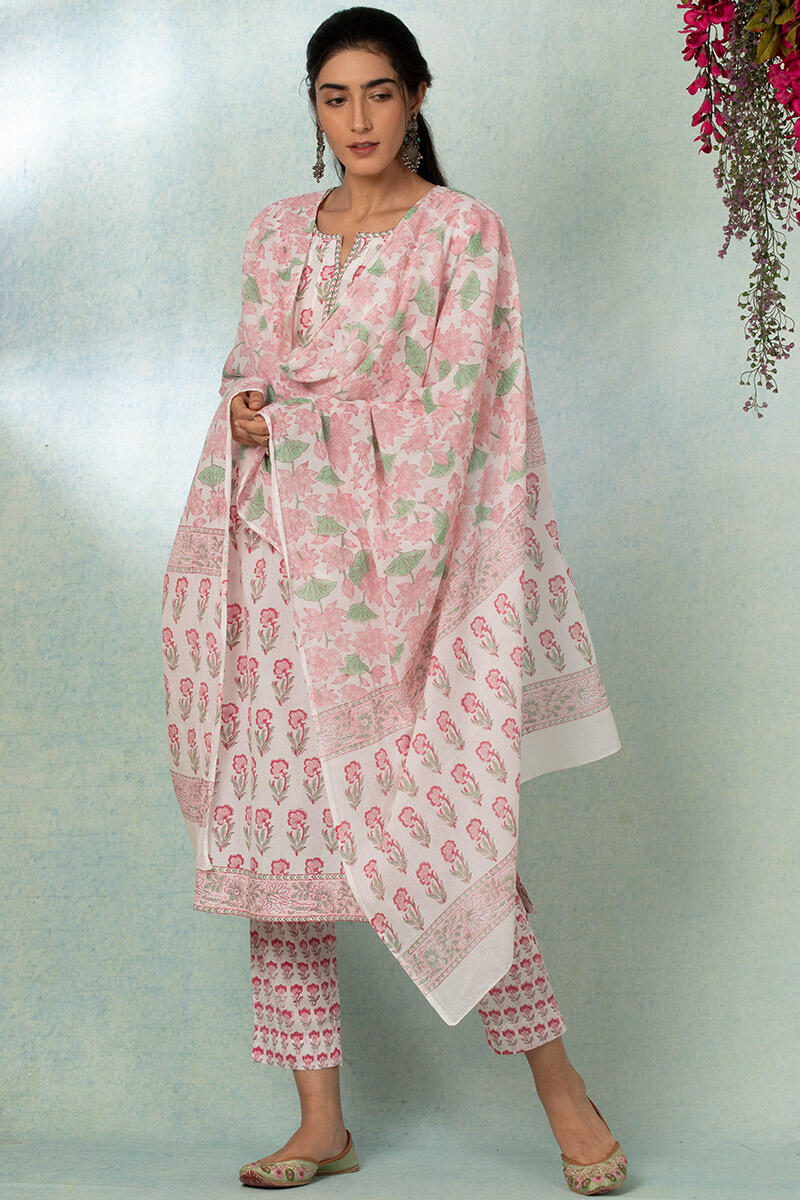 Pink Block Printed Cotton Dupatta