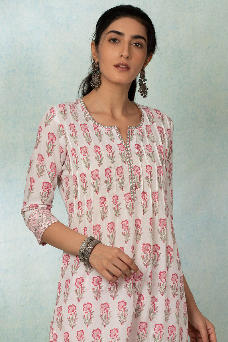 White Block Printed Straight Cotton Kurta