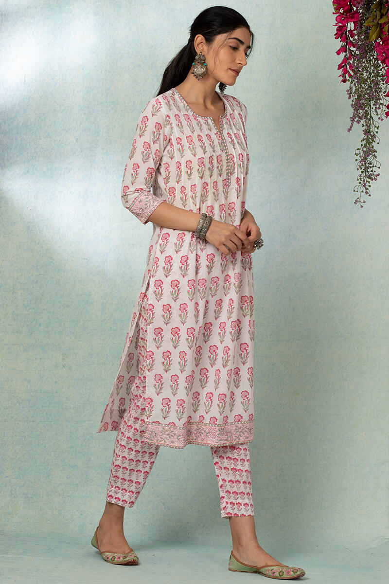 White Block Printed Straight Cotton Kurta