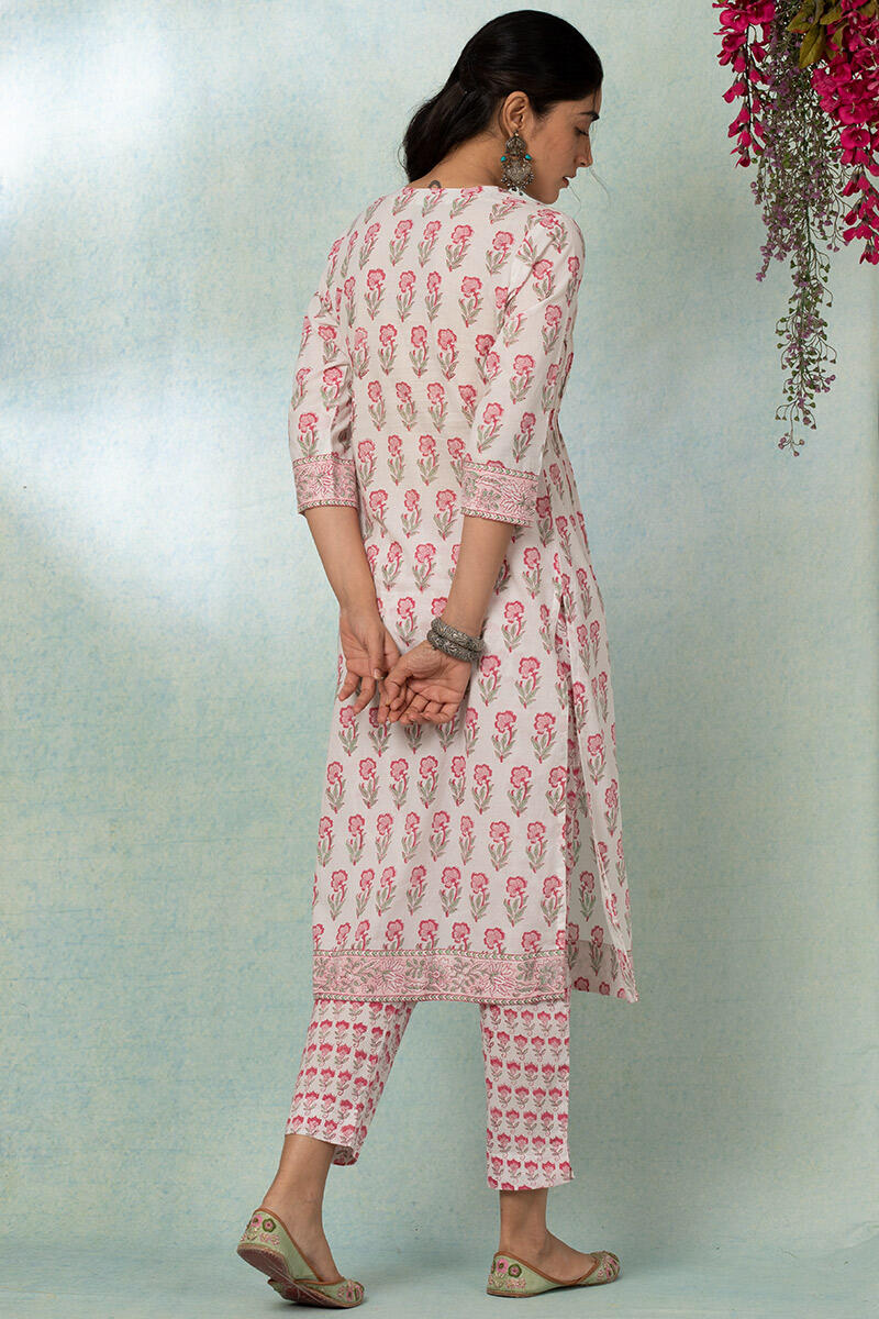 White Block Printed Straight Cotton Kurta