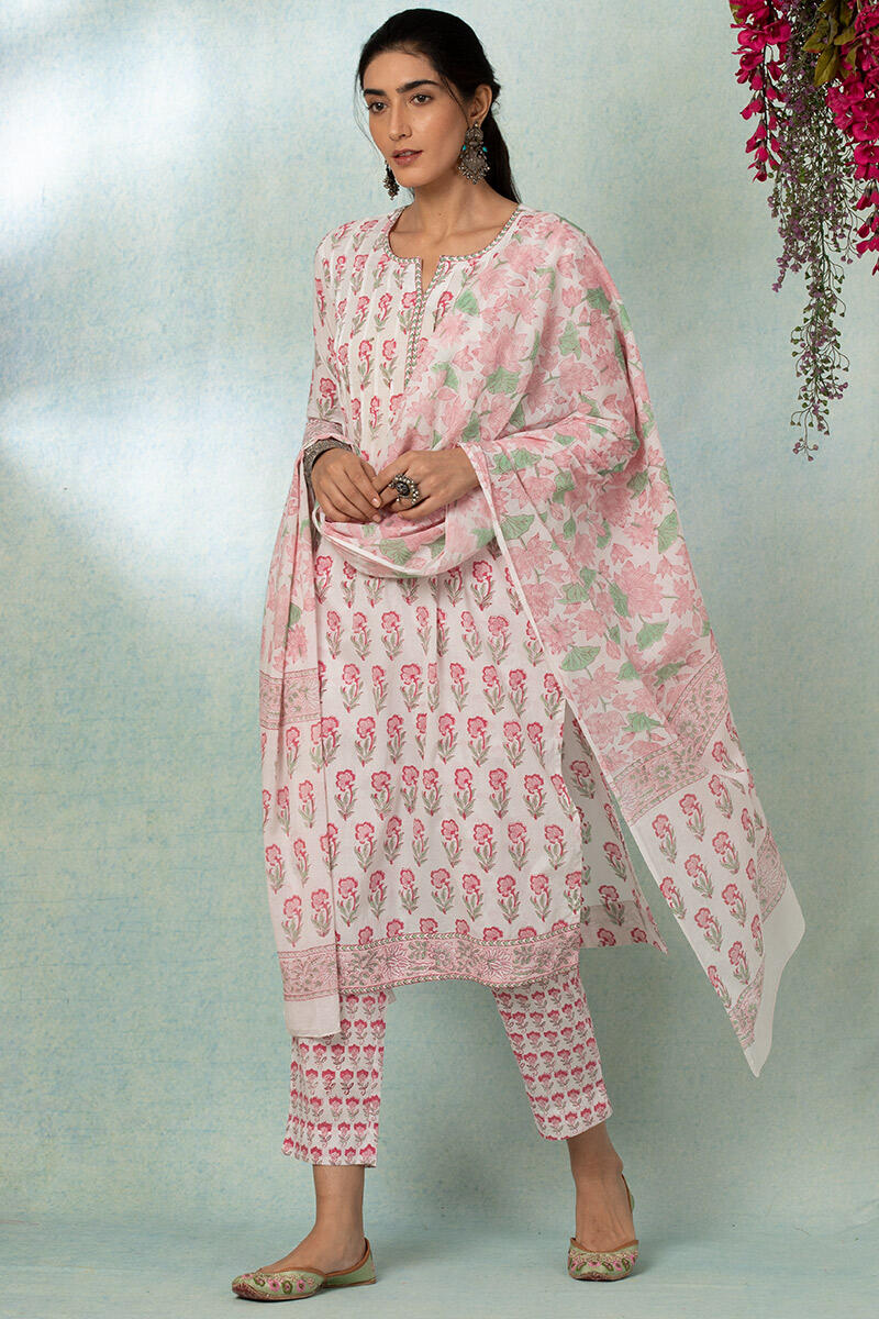White Block Printed Straight Cotton Kurta