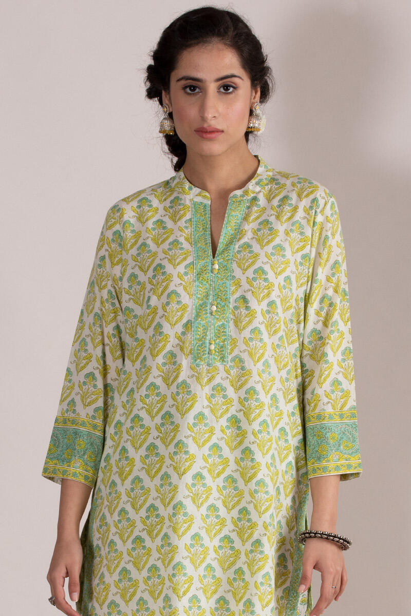 Yellow Block Printed Straight Cotton Kurta