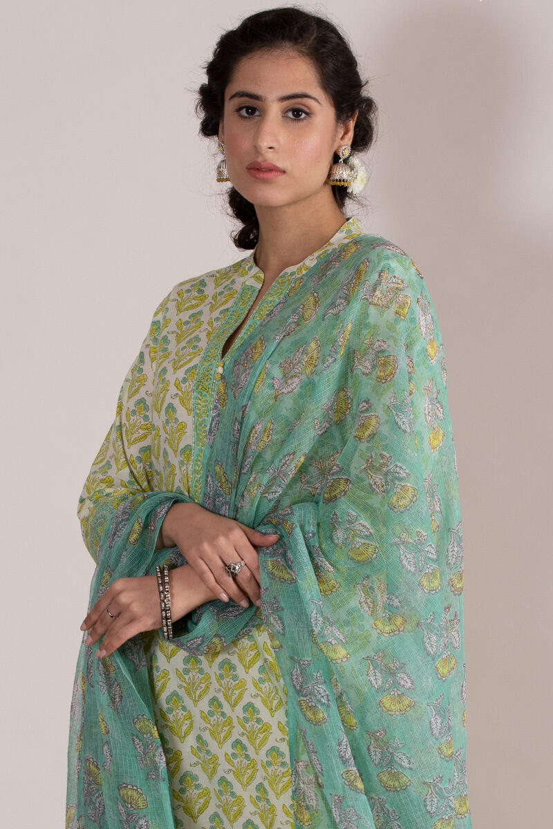 Yellow Block Printed Straight Cotton Kurta