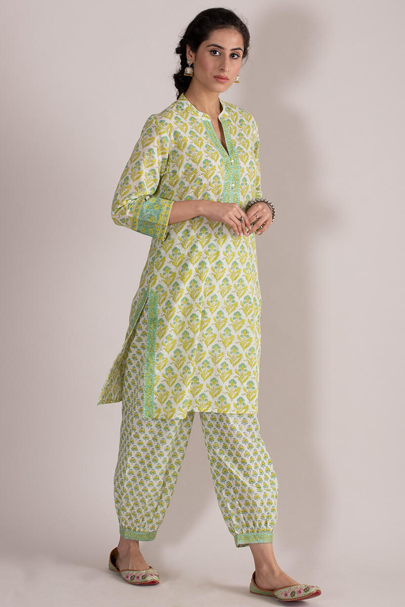 Yellow Block Printed Straight Cotton Kurta
