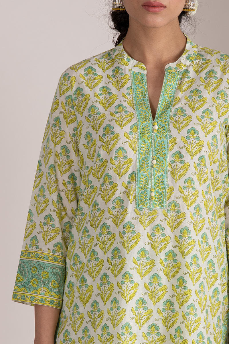 Yellow Block Printed Straight Cotton Kurta