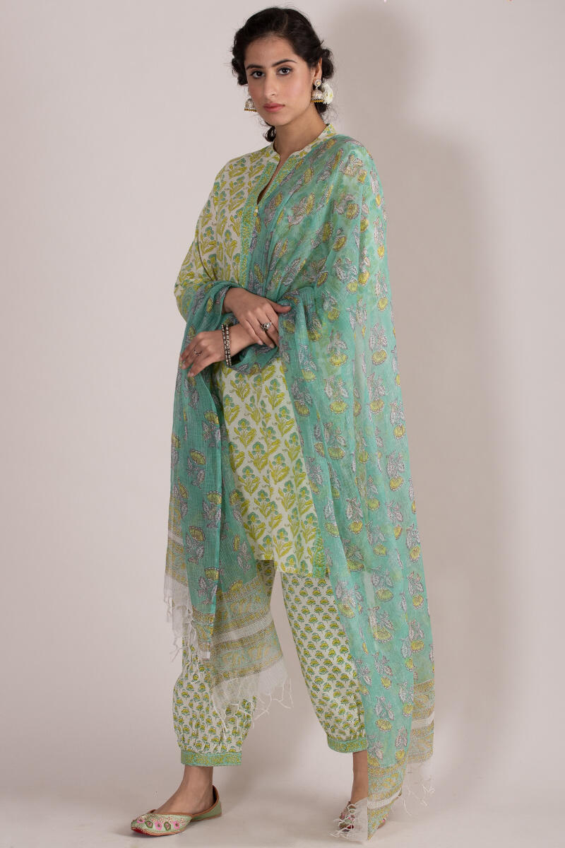 Yellow Block Printed Straight Cotton Kurta