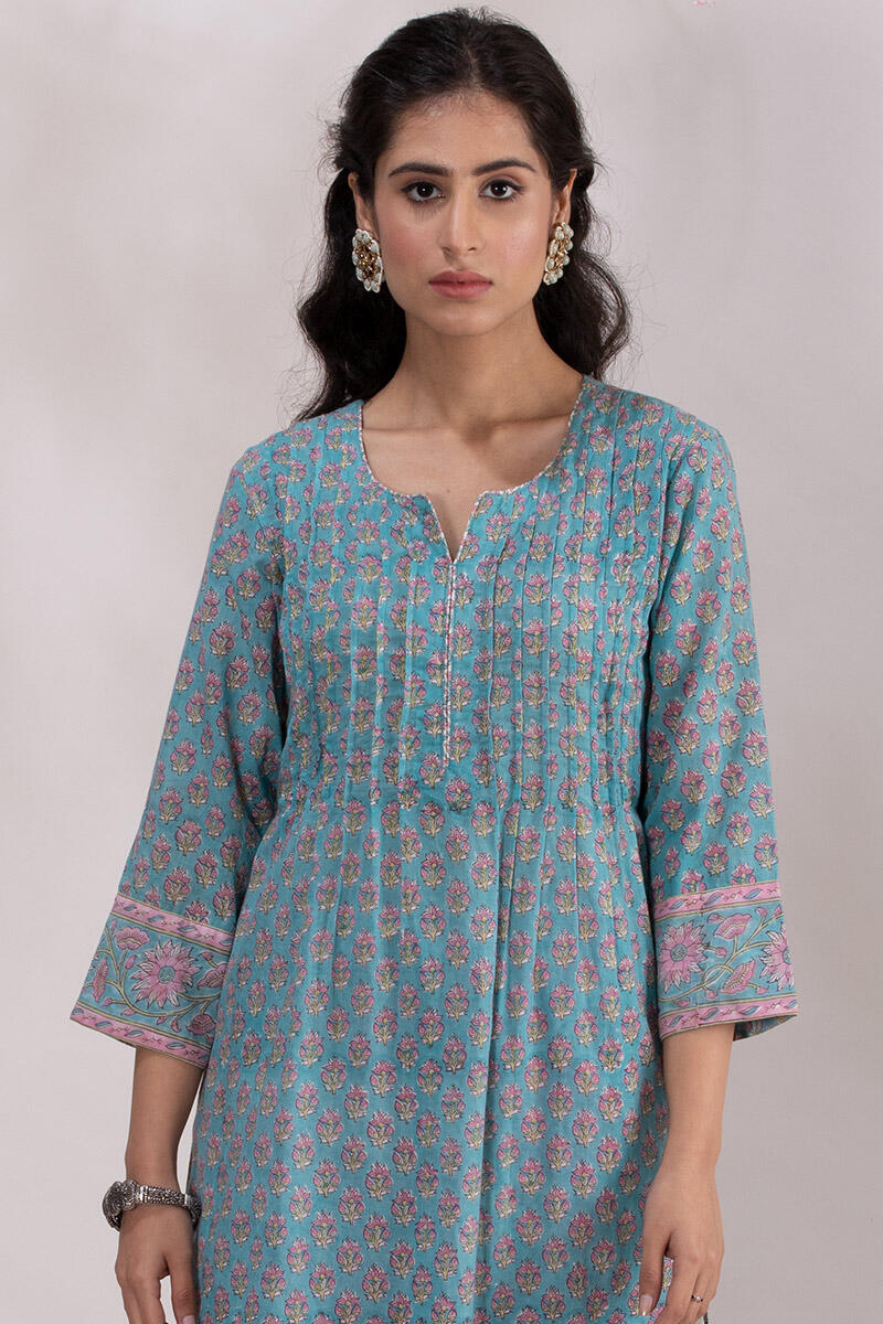 Buy Roz Meher Inaya Block Printed Kurta Blue Kurtas for Women Farida Gupta