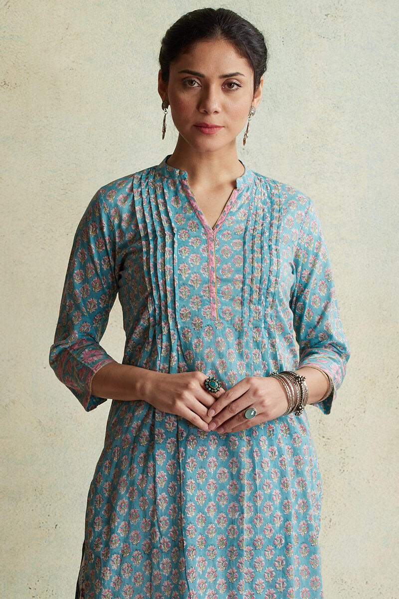 Blue Block Printed Short Kurta