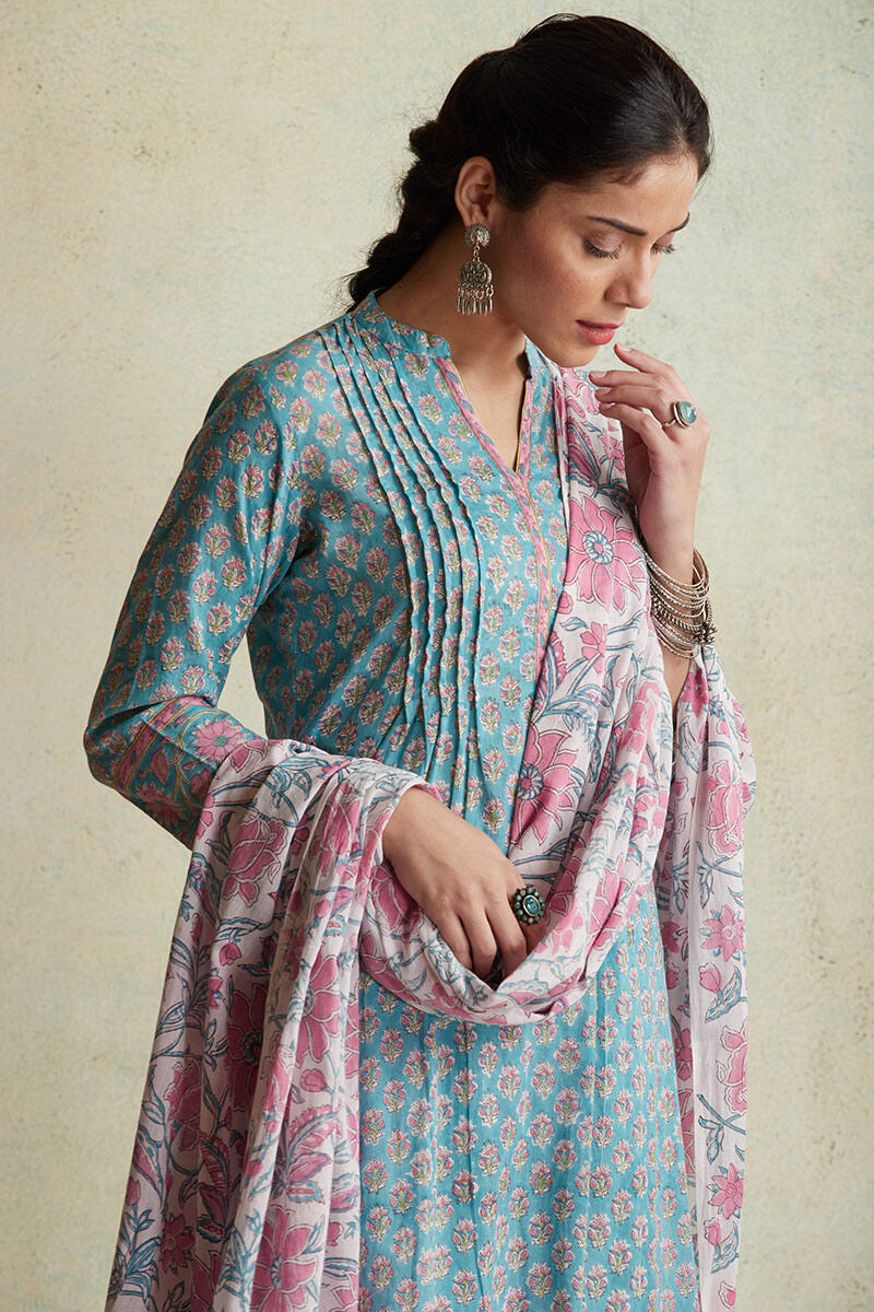Blue Block Printed Short Kurta