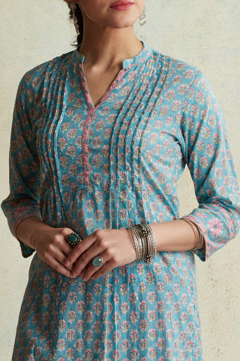 Blue Block Printed Short Kurta