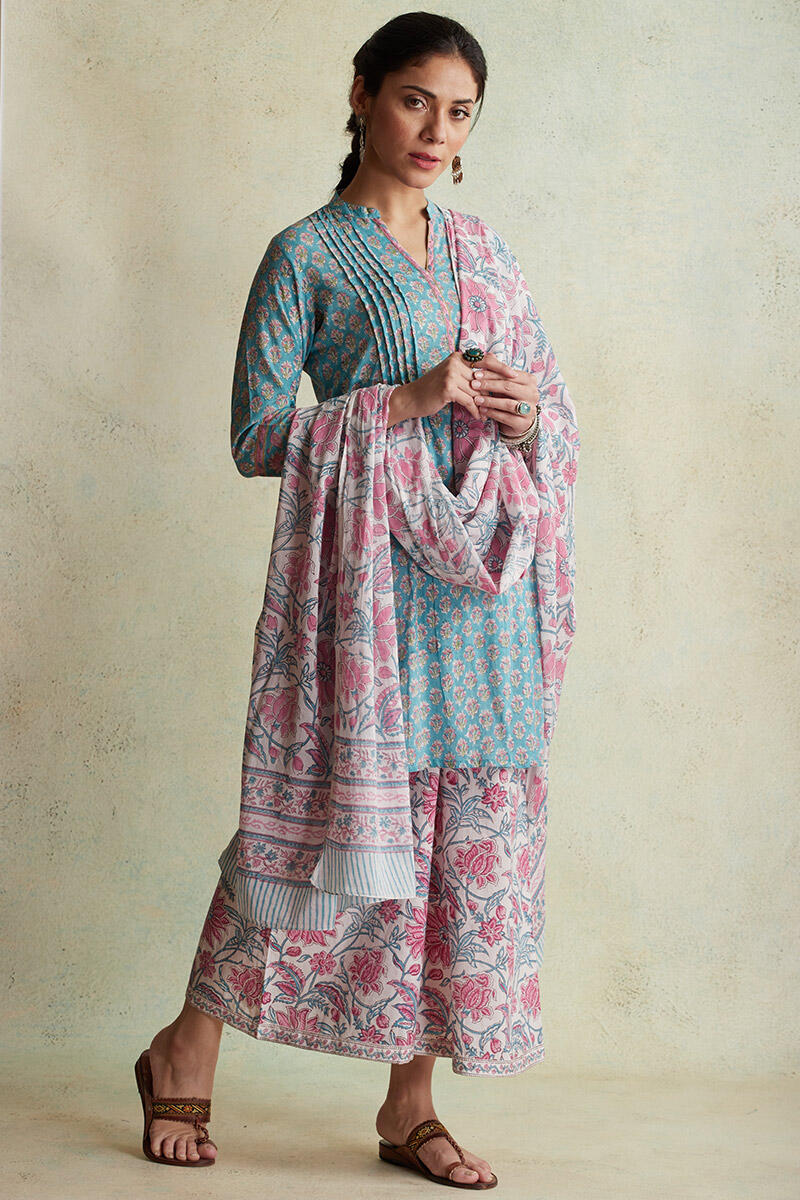 Blue Block Printed Short Kurta