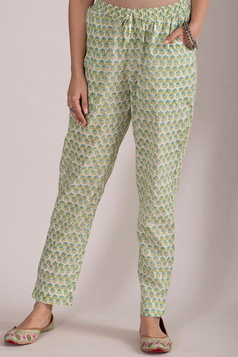 White Block Printed Cotton Cigarette Pants