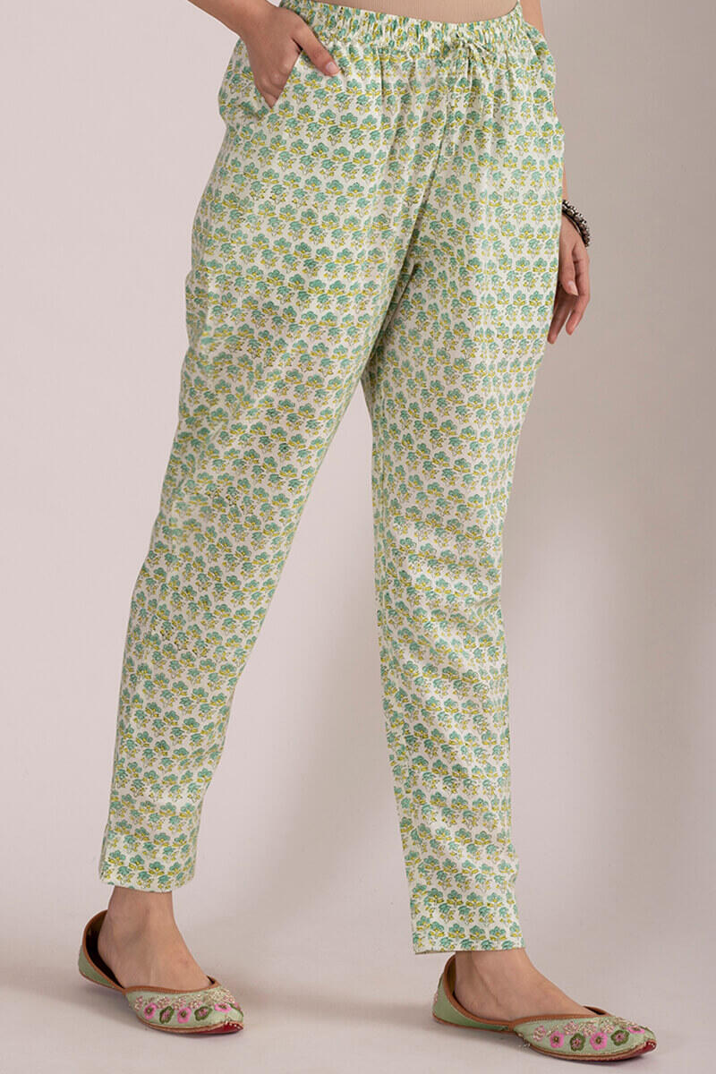 White Block Printed Cotton Cigarette Pants