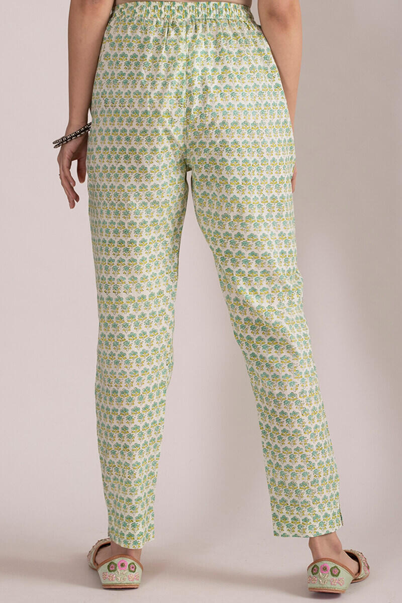 White Block Printed Cotton Cigarette Pants