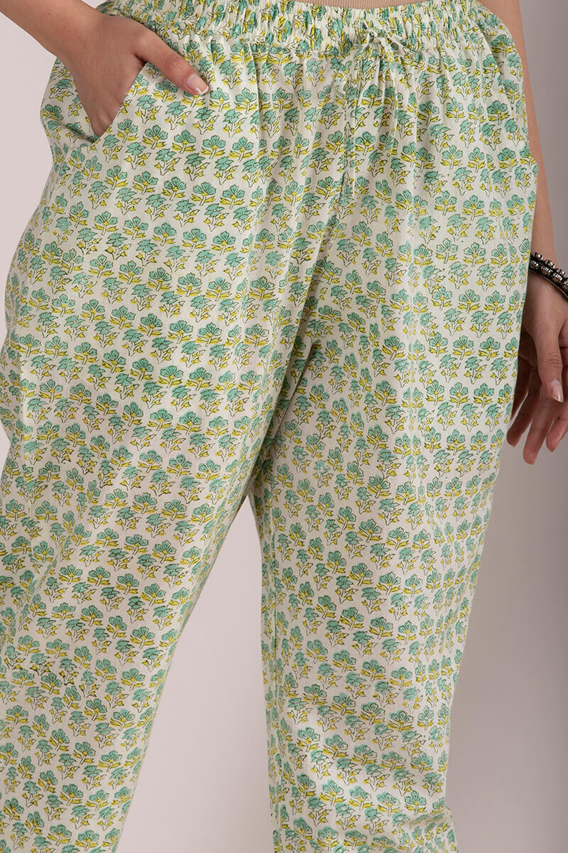 White Block Printed Cotton Cigarette Pants