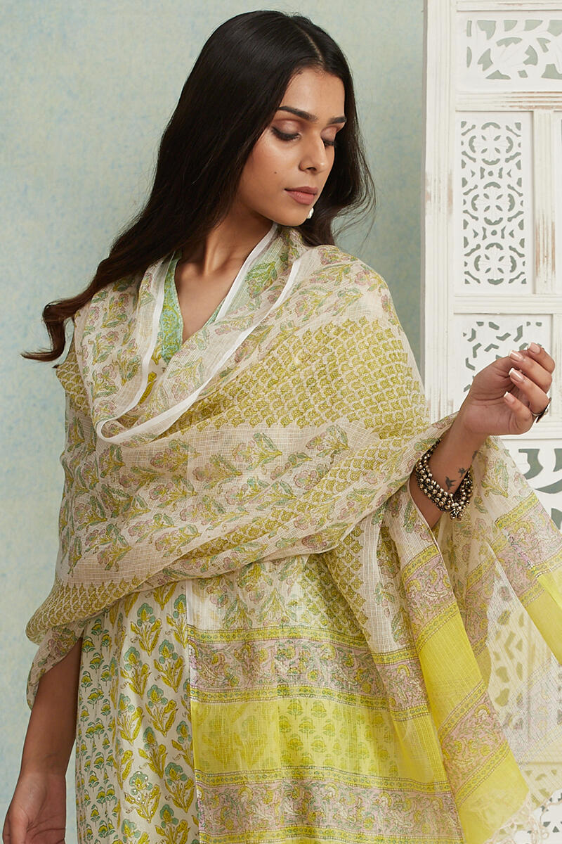 Yellow Block Printed Kota Dupatta