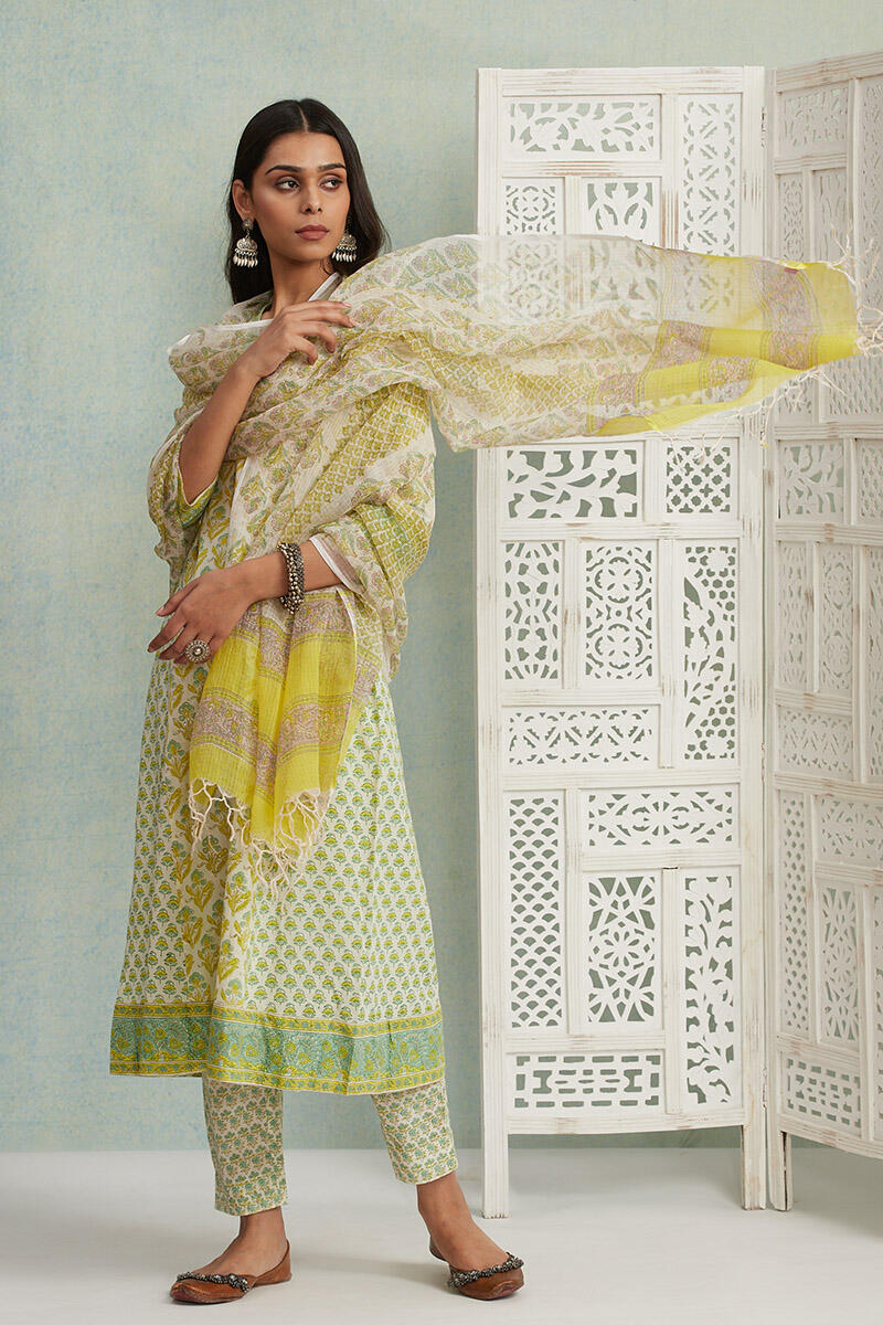 Yellow Block Printed Kota Dupatta