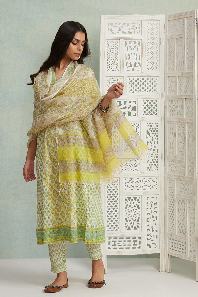 Yellow Block Printed Kota Dupatta