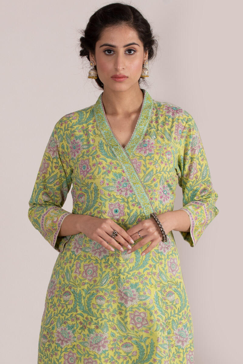Green Block Printed A-line Cotton Kurta