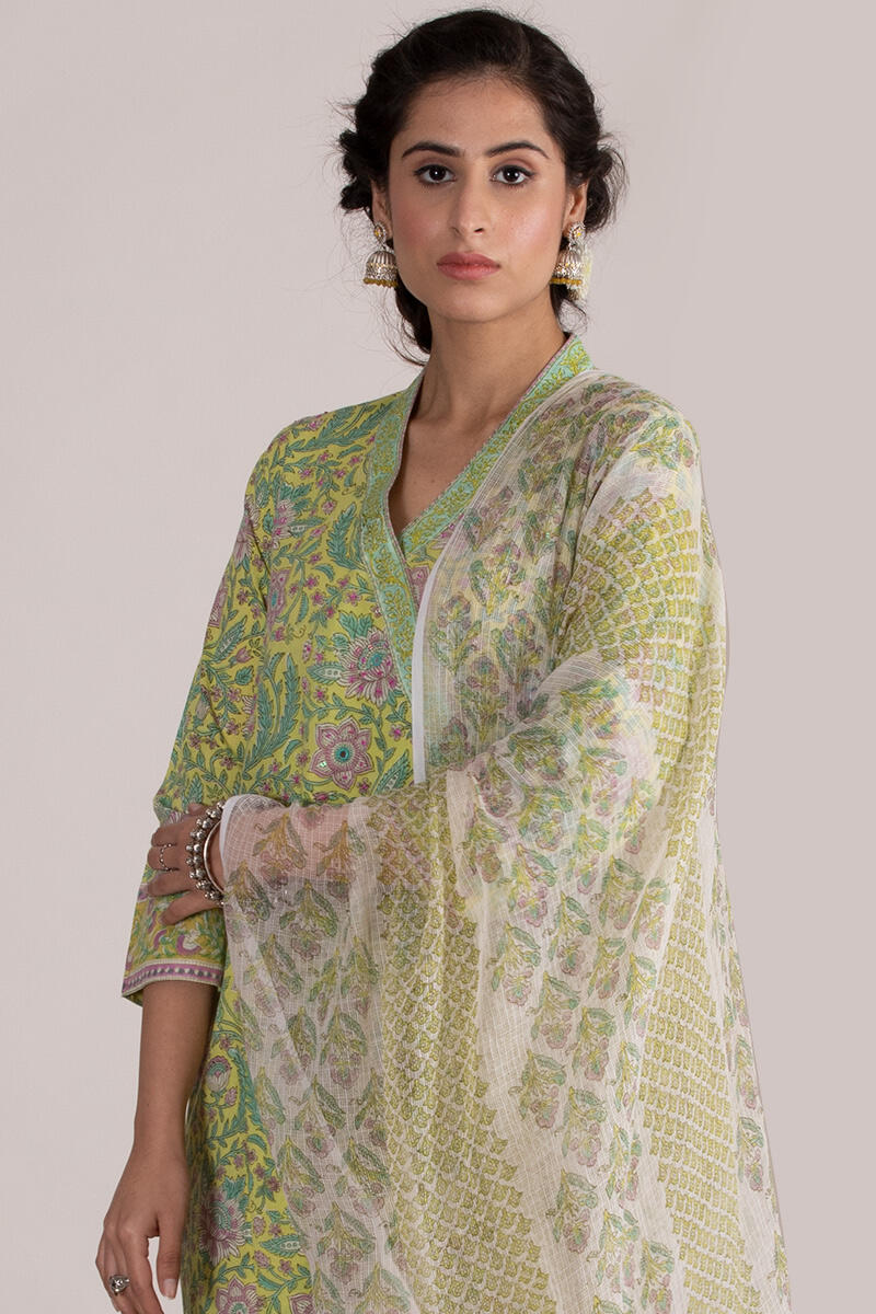 Green Block Printed A-line Cotton Kurta