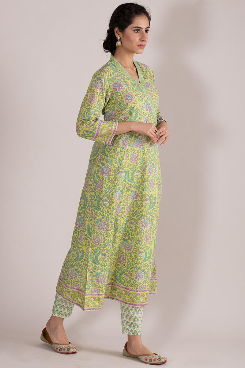 Green Block Printed A-line Cotton Kurta