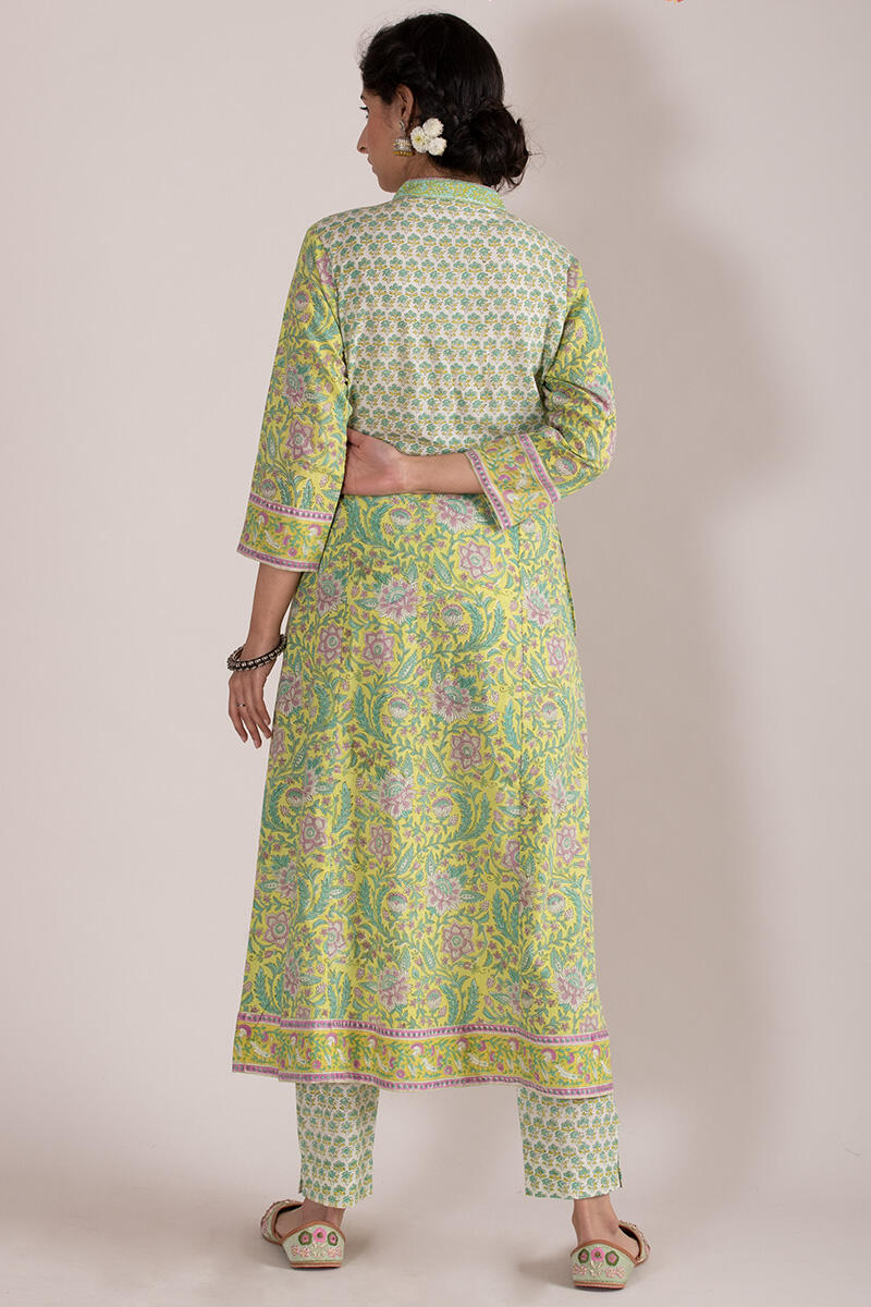 Green Block Printed A-line Cotton Kurta