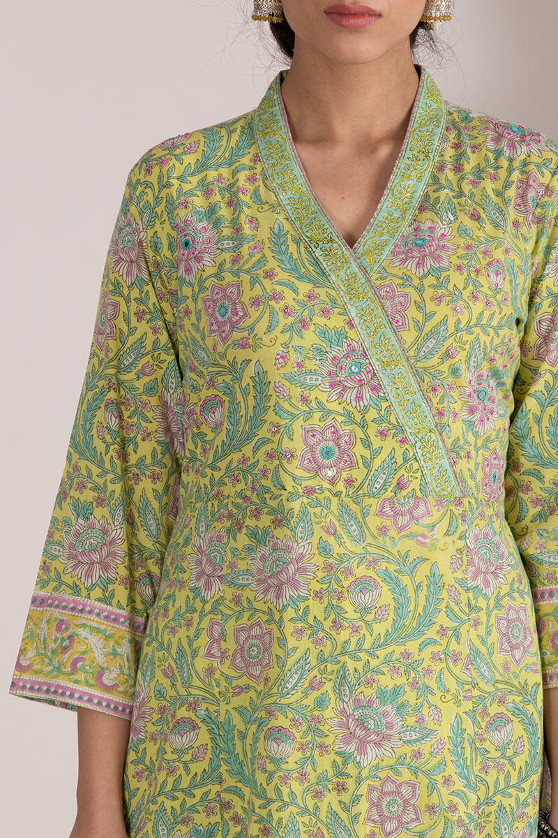 Green Block Printed A-line Cotton Kurta
