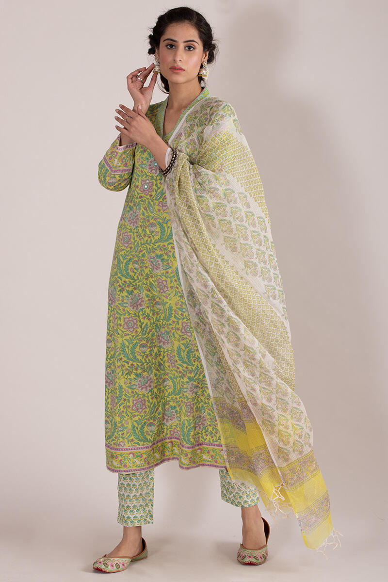 Green Block Printed A-line Cotton Kurta