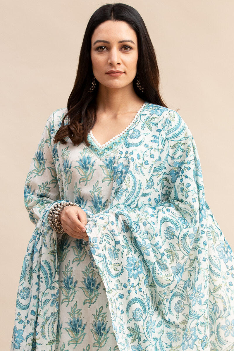 White Block Printed Cotton Dupatta