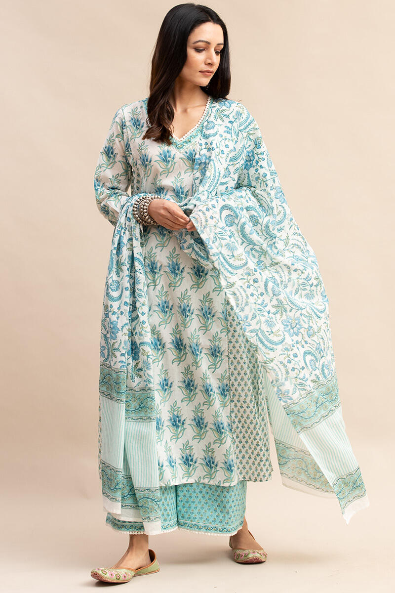 White Block Printed Cotton Dupatta
