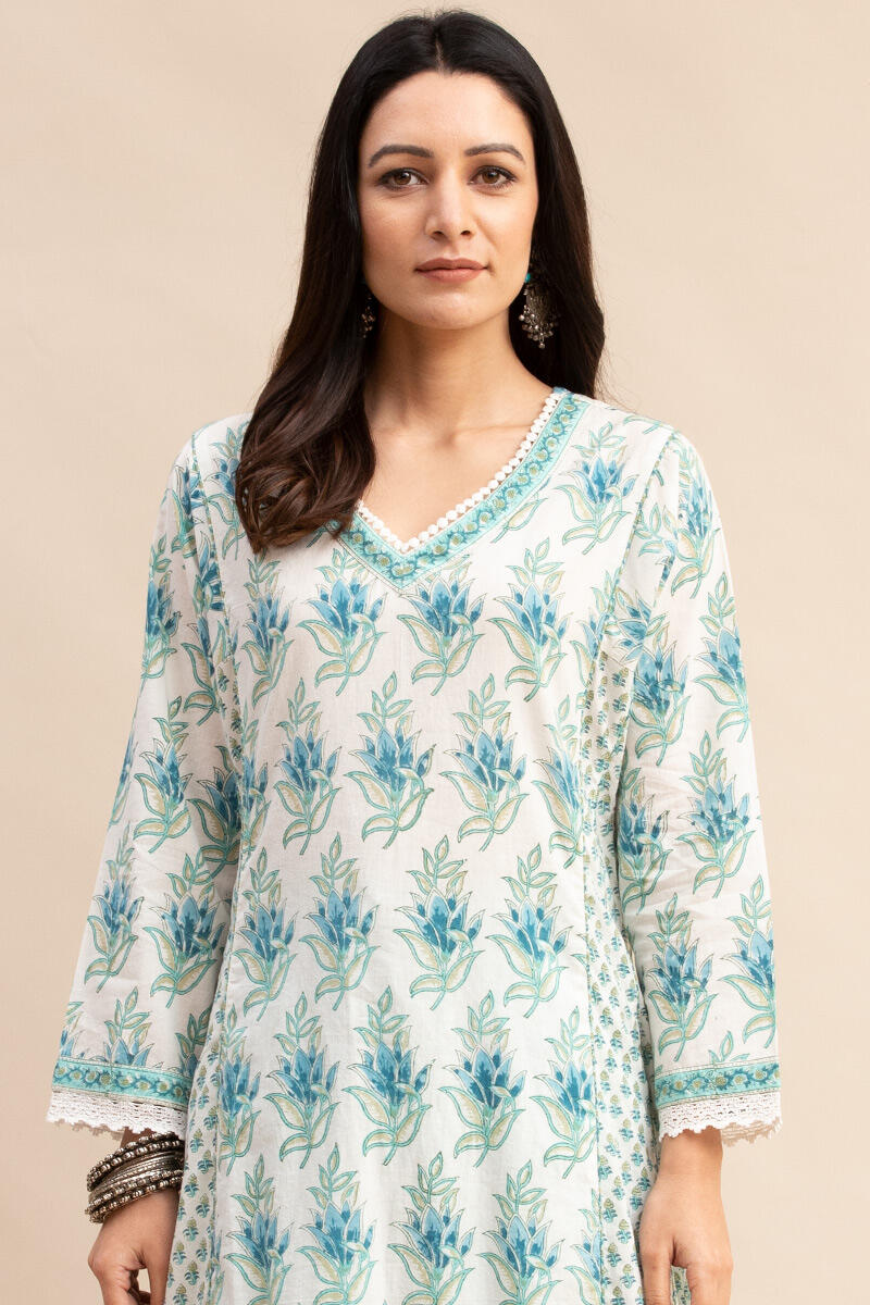 White Block Printed A-line Cotton Kurta