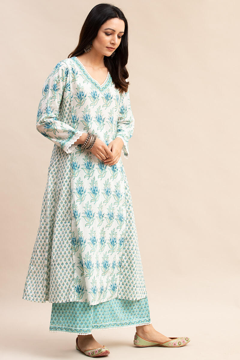 White Block Printed A-line Cotton Kurta