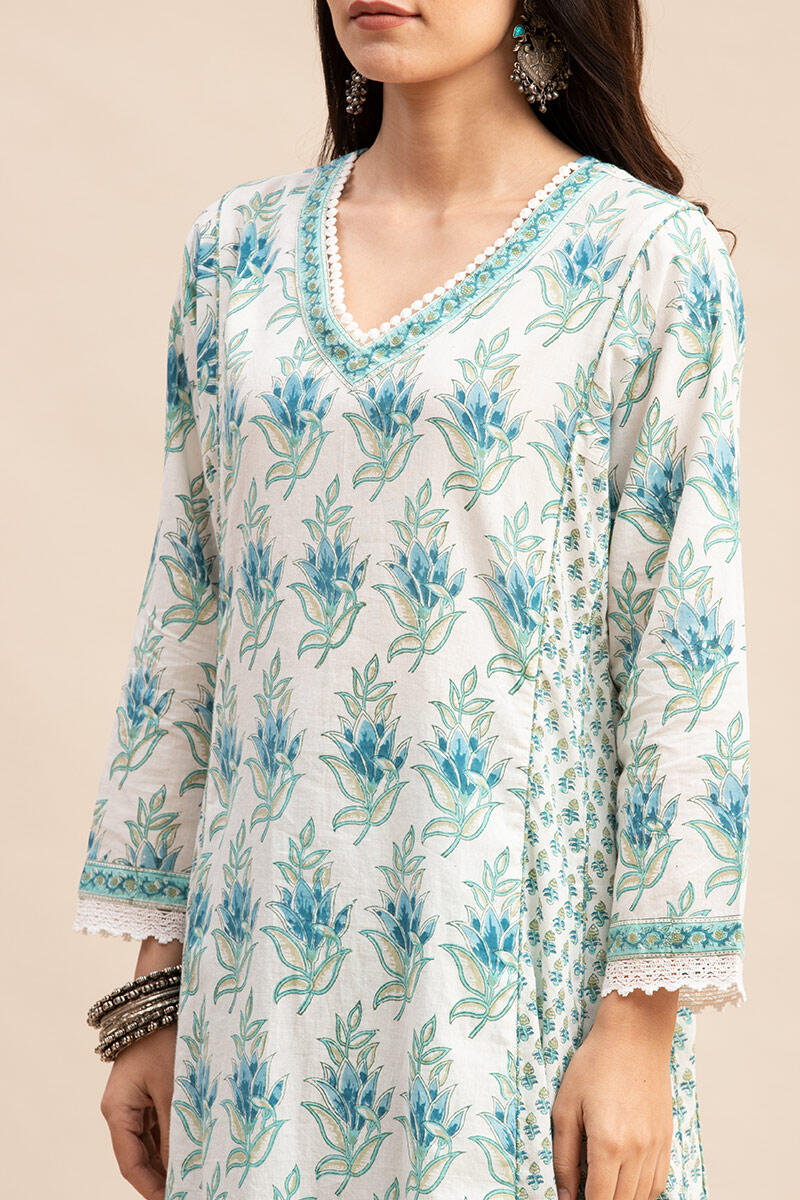 White Block Printed A-line Cotton Kurta