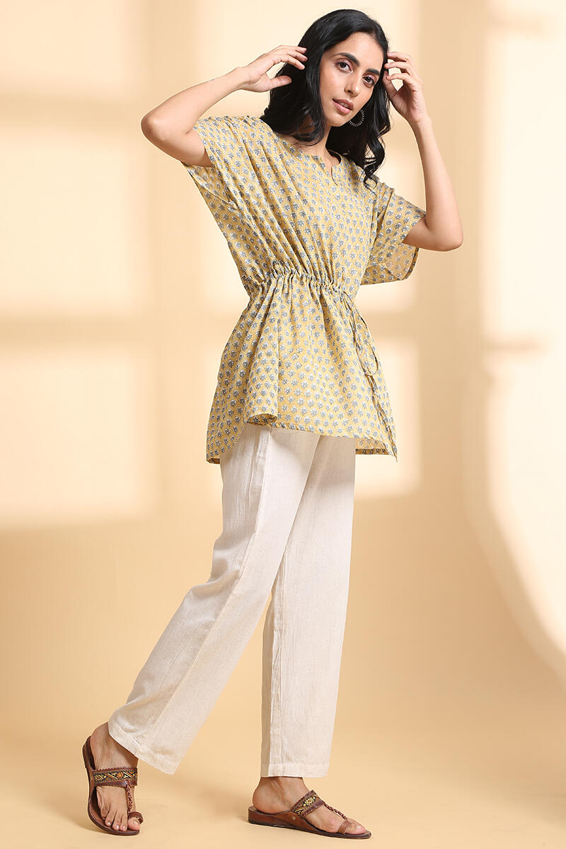 Yellow Block Printed Cotton Short Kaftan