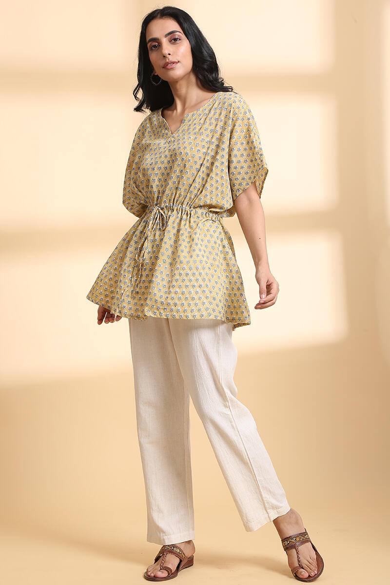 Yellow Block Printed Cotton Short Kaftan