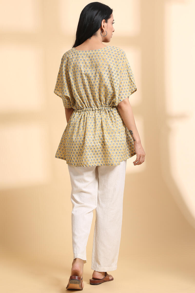 Yellow Block Printed Cotton Short Kaftan
