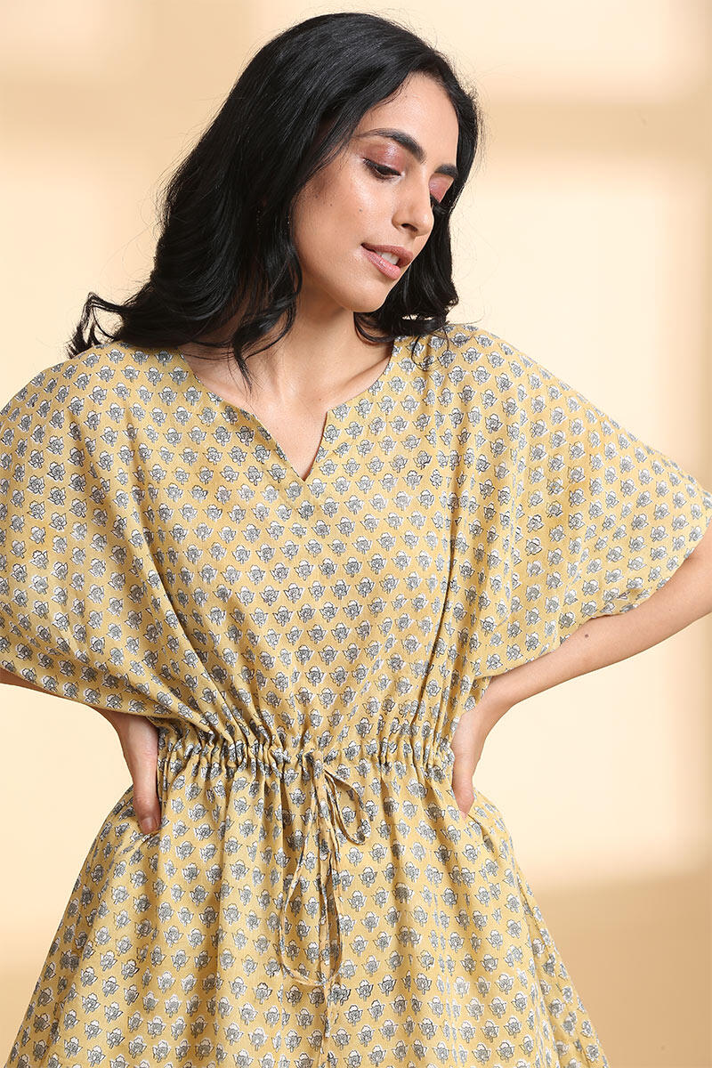 Yellow Block Printed Cotton Short Kaftan