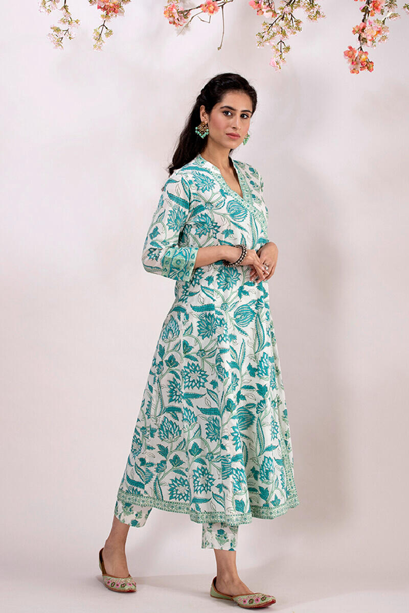 Turquoise Block Printed A-line Cotton Kurta